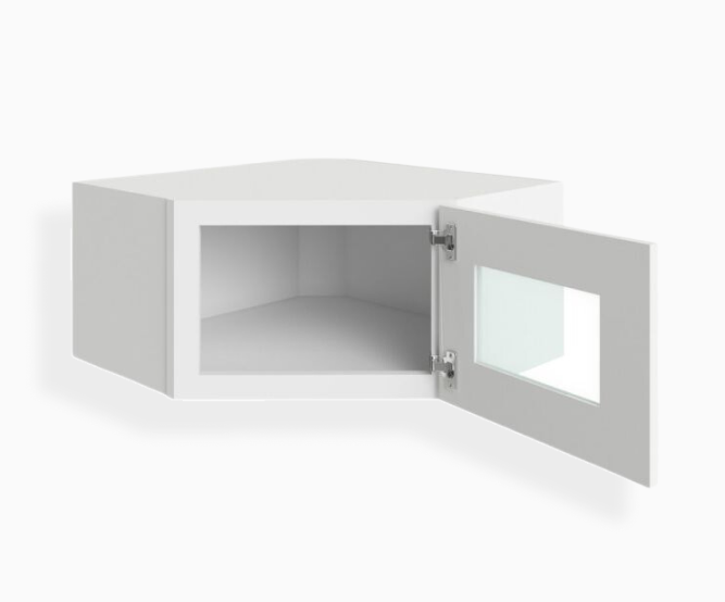 White Shaker 12″ x 27″ &amp; 24" Diagonal Corner Wall Shelf with Glass Door